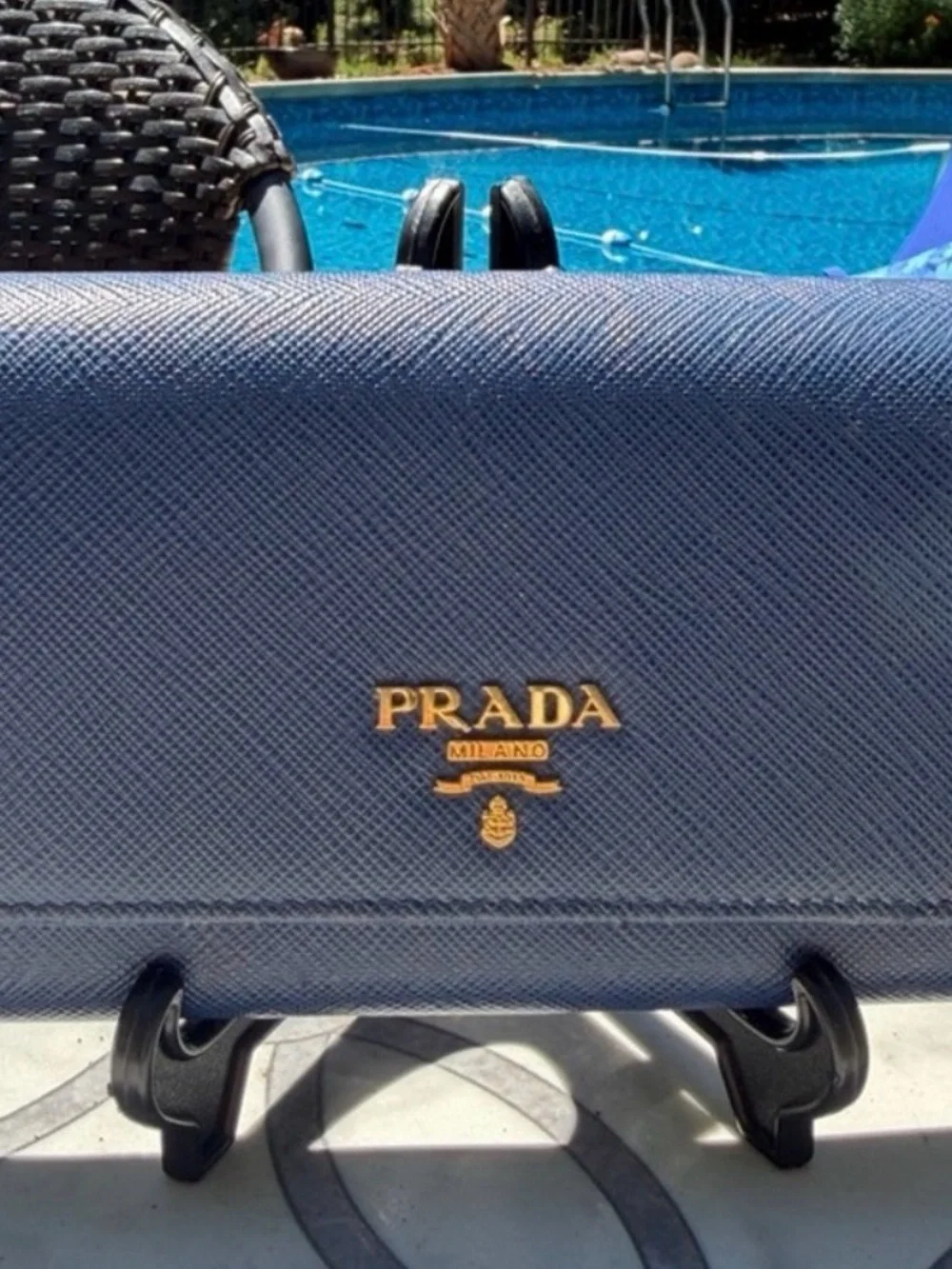 Prada Navy Saffiano Leather Continental Wallet with Gold Logo and COA